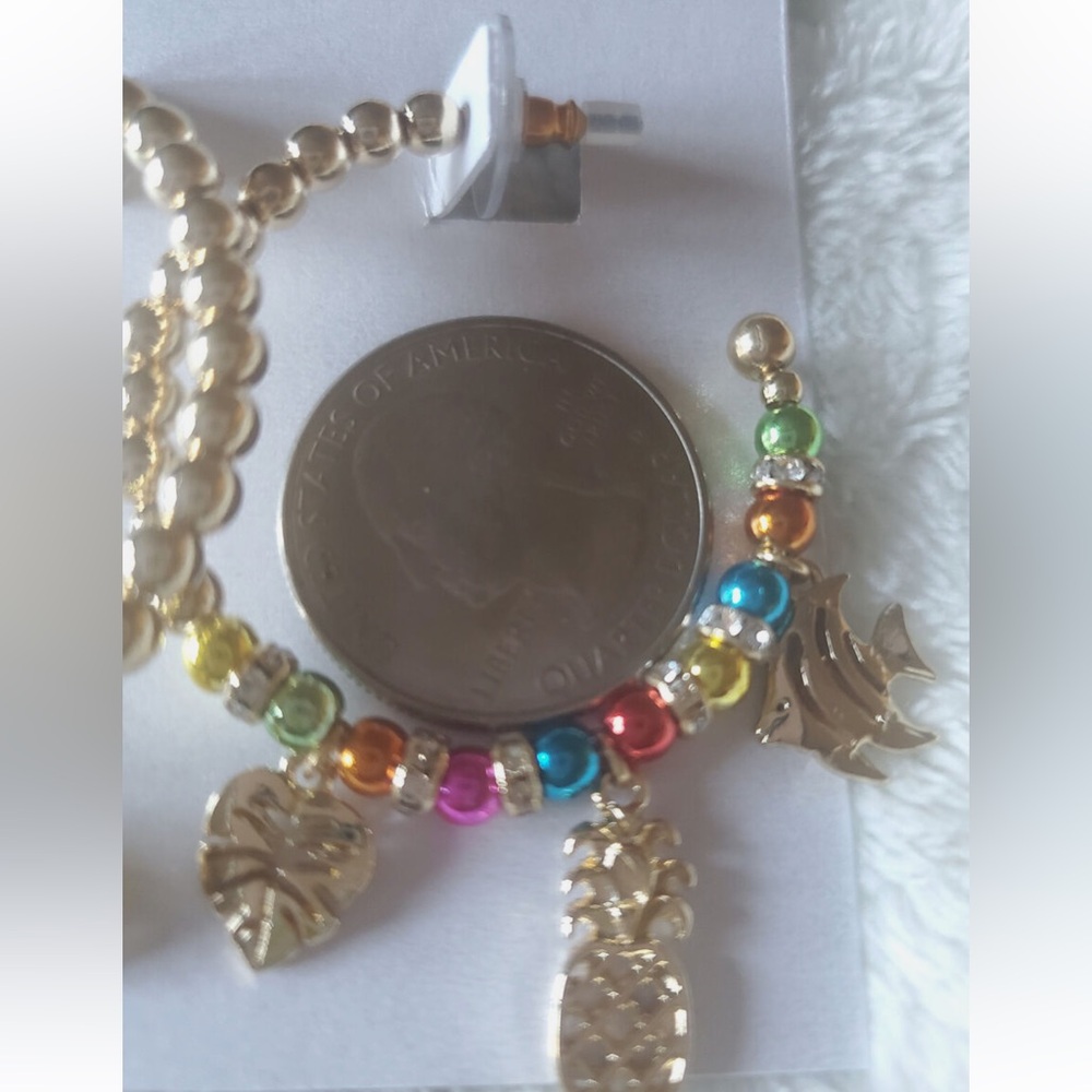 Baublebar Beaded Tropical Gold Tone Hoop Earrings Summer Fish Pineapple Charms - Picture 2 of 11